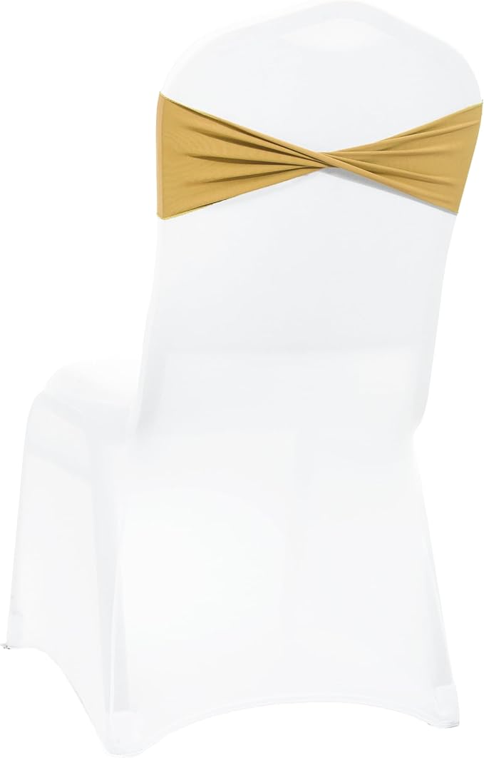 VDS Pack of 100 PCS | Gold | Spandex Chair Sashes Bows Without Buckle | Stretch Elastic Banquet Universal Folding Chair Band Tie with for Wedding Party Conference Celebration Event Decoration