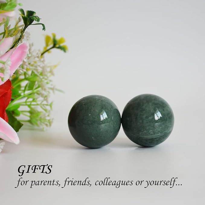 Chinese Baoding Balls Green Marble Exercise Health Stress Relieve Relax Fingers Zen Tai Chi Ball Therapy Fitness Arthritis Thumb Massager Gift for Hands (1.4 inches, Green with Bag)