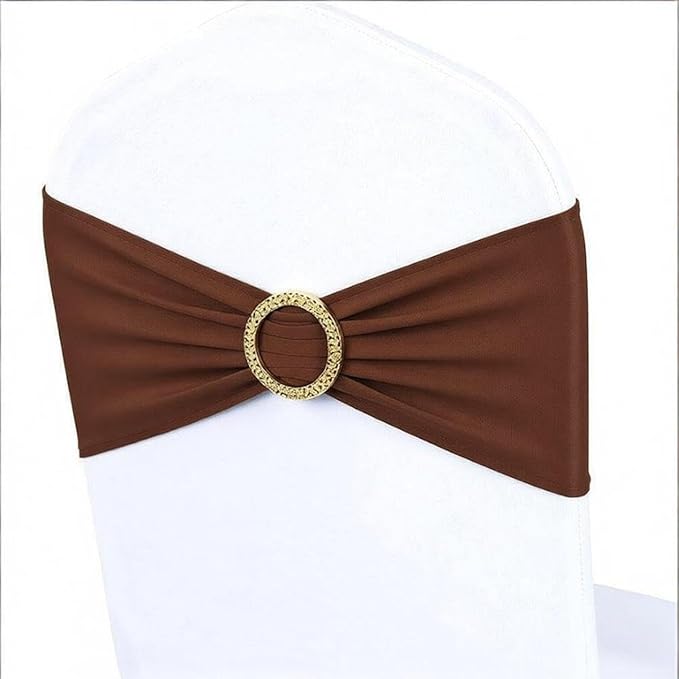 Brown Chair Sashes 50 Pack with Gold Buckle Slider, Spandex Chairs Bands Bows for Wedding Party Birthday Banquet Décor
