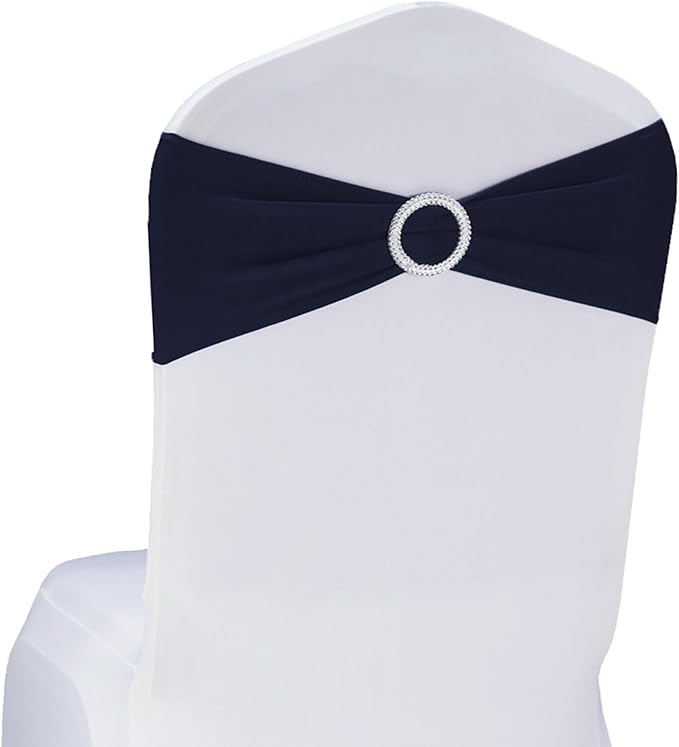 50 Pack Stretch Spandex Navy Blue Chair Sashes for Wedding Elastic Chairs Bows Bands with Slider Buckles Fitting Party Banquet Restaurant Events Baby Shower Decorations