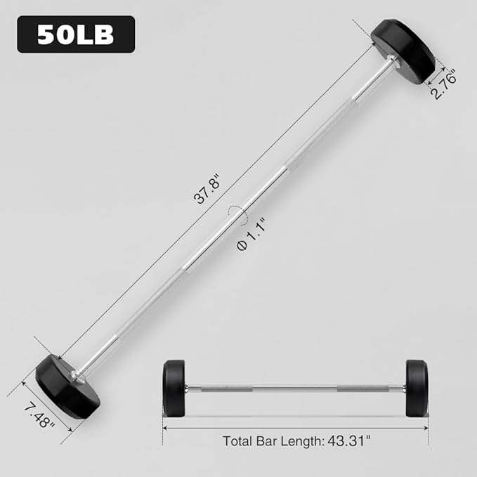 SPART Rubber Coated Fixed Barbell, Pre-Loaded Weights Straight Solid Steel Barbells, Weighted Bar for Weightlifting Exercise, Bodybuilding, Strength Training, Squat Rack & Bench Press
