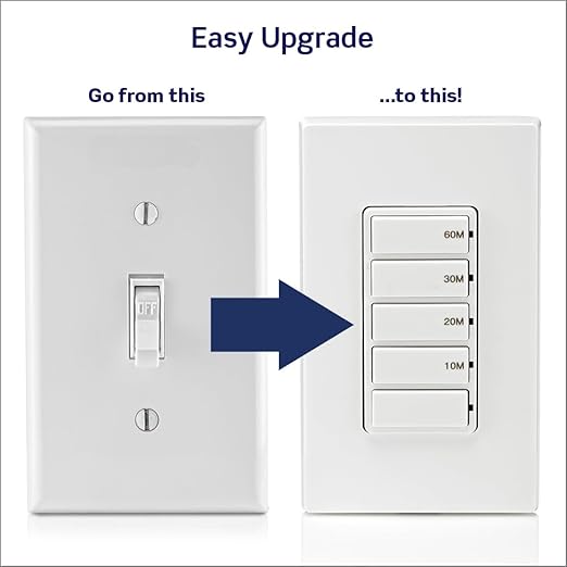 Leviton Countdown Timer Switch for bathroom fan and household lights, 10-20-30-60 min, No Neutral Required, Single Pole, 15A, 1/2HP/9.8A Fan/Motor, DT160-1LW, White