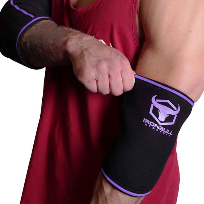 Elbow Sleeves 5mm (1 Pair) - High Performance Elbow Sleeve Support for Weightlifting, Weight Training & Powerlifting - Best Compression Straps - for Men and Women (Large, Black/Purple)
