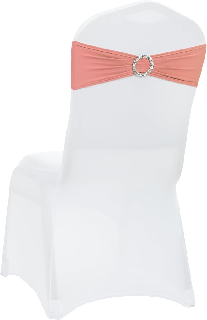 VDS - Coral Peach | Spandex Chair Sashes Bows | 250 PCS | Stretch Elastic Banquet Universal Folding Chair Band Tie with Silver Buckle Slider for Wedding Party Conference Celebration Event Decoration
