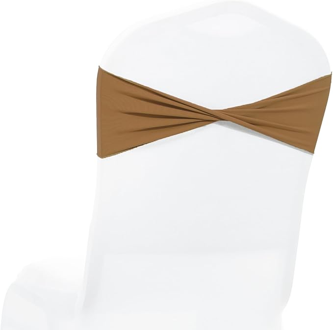 MDS Pack of 25 Spandex Chair Sashes Bows Elastic Stretch Dining Chair Bands Ties Without Slider Buckle Universal fits for Wedding Baby Shower Birthday Party Banquet Event Decoration - Mocha