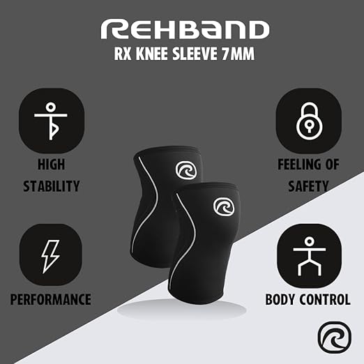 Rehband RX Knee Support for Strength Training & Fitness - 7mm Neoprene Knee Sleeve, Flexible & Non-Slip, Knee Sleeve for Men & Women, Colour:Black - 1 Pair, Size:Large