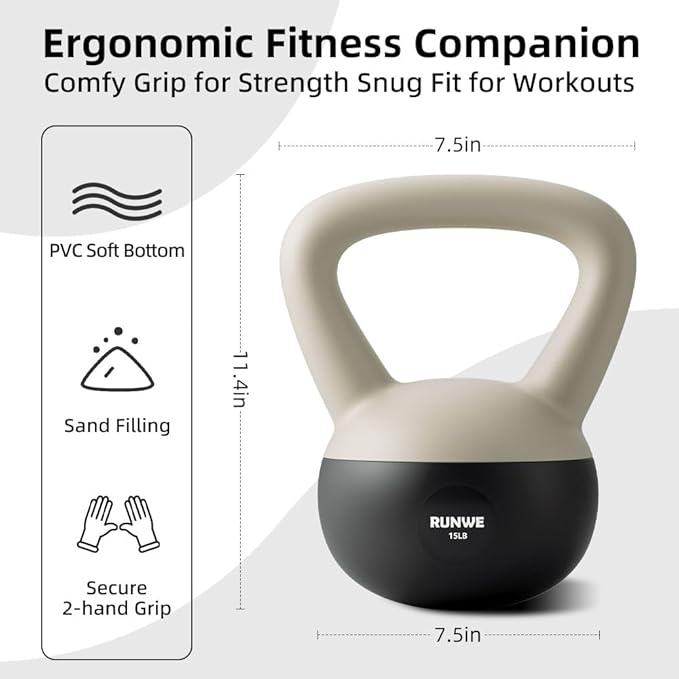 RUNWE Soft Kettlebell - Sand Filled Kettlebell Hand Weight Options for 25, 20, 15, 10 and 5 LB, Soft-Sided Cushioned Base,Safety Guaranteed Ideal for Men, Women, & Beginners