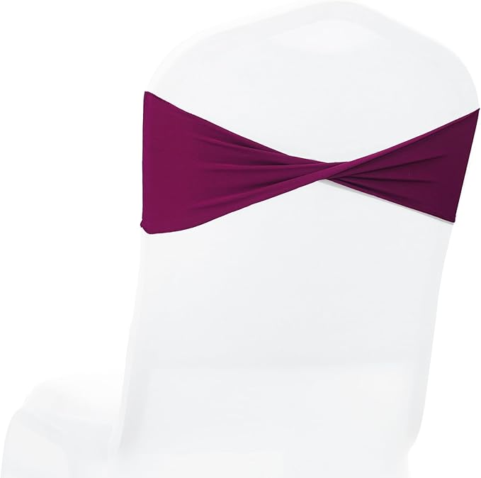 MDS Pack of 75 Spandex Chair Sashes Bows Elastic Stretch Dining Chair Bands Ties Without Slider Buckle Universal fits for Wedding Baby Shower Birthday Party Banquet Event Decoration - Eggplant