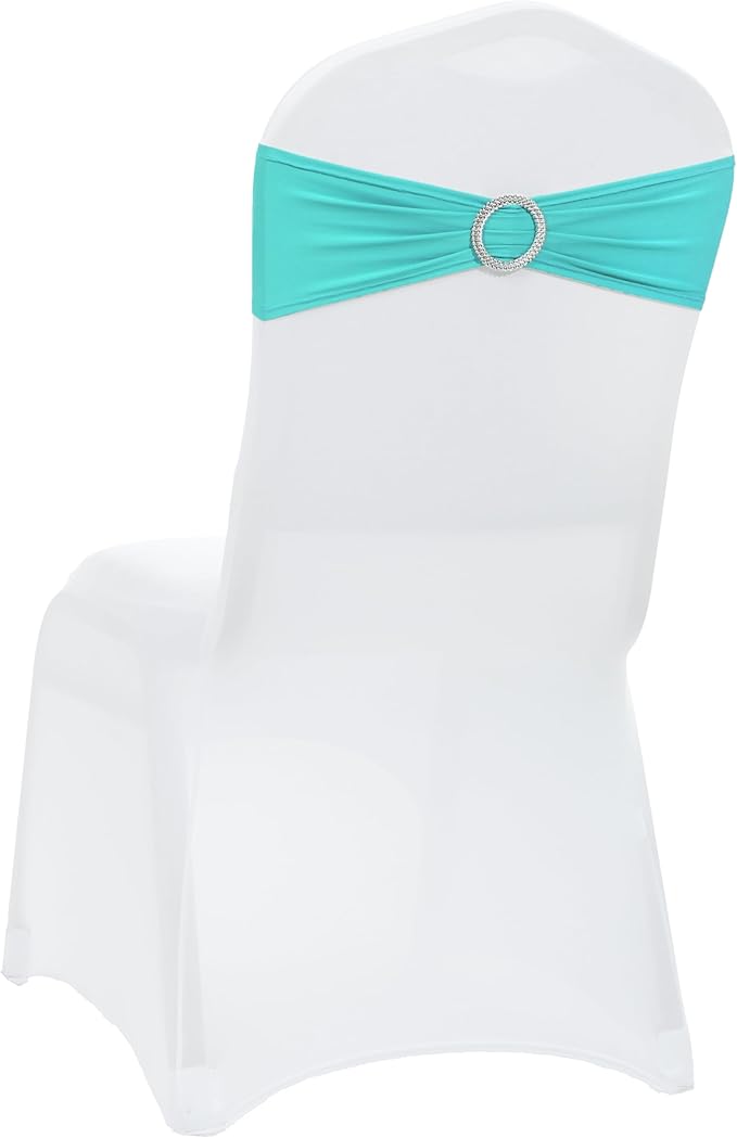 VDS - Aqua Blue | Spandex Chair Sashes Bows | 25 PCS | Stretch Elastic Banquet Universal Folding Chair Band Tie with Silver Buckle Slider for Wedding Party Conference Celebration Event Decoration