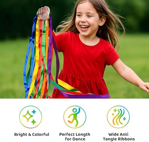 GSi Multicolor Ribbon Wands & Rings for Kids - Pack of 6 Dance Streamers with 9" Stick, 1m Ribbons, Gymnastics & Party Use