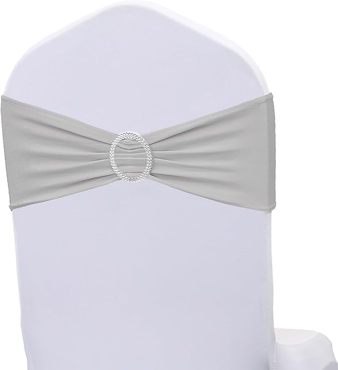 Stretch Spandex Silver Gray Chair Sashes Bows 50 Pack - Universal Chair Bands with Silver Buckle for Wedding Party Engagement Banquets Bridal Shower Events Decorations