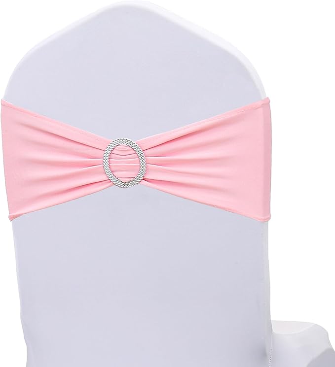 Spandex Pink Chair Sashes Bows 50 Pack Stretch Chair Bands with Silver Buckle for Wedding Party Birthday Engagement Banquets Anniversary Bridal Baby Shower Meeting Events Decorations