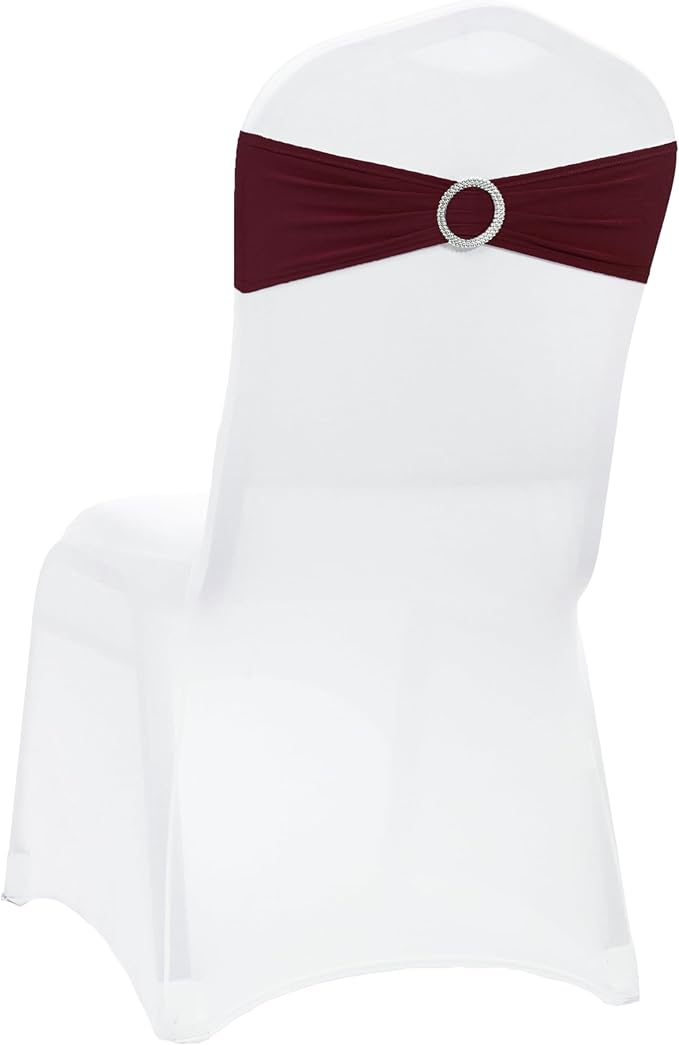 VDS - Burgundy | Spandex Chair Sashes Bows | 200 PCS | Stretch Elastic Banquet Universal Folding Chair Band Tie with Silver Buckle Slider for Wedding Party Conference Celebration Event Decoration