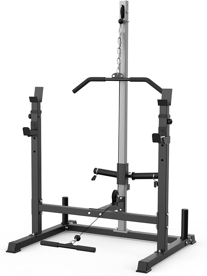 Power Rack with LAT Pulldown Pulley System Adjustable Multi-Functional Squat Rack, Power Cage with J-Hooks Home Gym