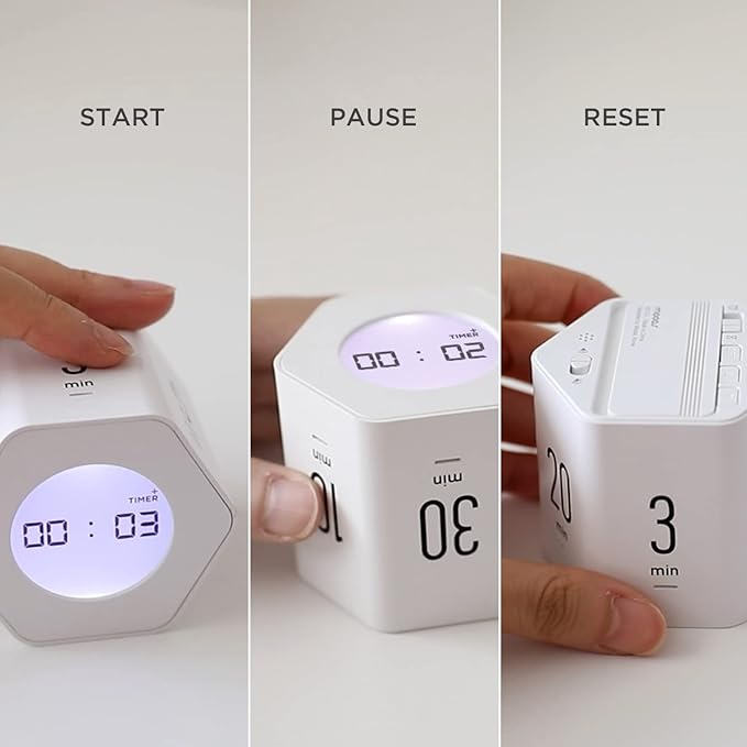 mooas Multi-Hexagon Clock Cube Timer, Digital Clock Time Timer, Pomodoro Timers, Backlit Display 12/24H Mode Count up & Countdown, Rotating Various time presets ideal for Classroom Gym Kitchen (White)