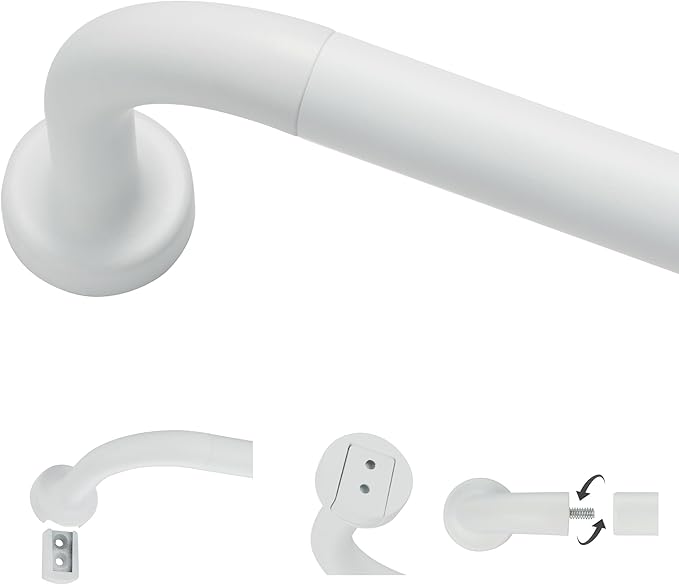 Matte White Curtain Rods for Windows 66 to 120",1 Inch Disc Wrap Around Curtain Rod with Aluminum Finials and Brackets,No Screw Disassembly Adjustable Blackout Curved Room Darkening Curtain Rod