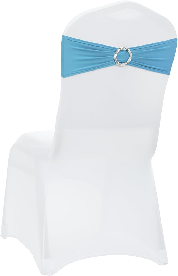 VDS - Blue | Spandex Chair Sashes Bows | 150 PCS | Stretch Elastic Banquet Universal Folding Chair Band Tie with Silver Buckle Slider for Wedding Party Conference Celebration Event Decoration