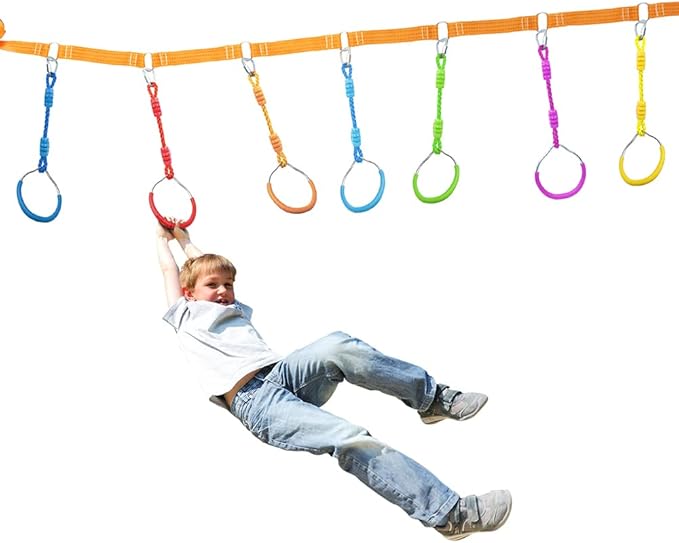 Fitness Gymnastic Ring Swing Monkey Bar Fists Trapeze Obstacle Course For Backyard Outdoor Indoor Jungle Home Gym, 8 Pack Orange Hang Ninja Rope Rings Warrior Accessories Playground Training Equipment