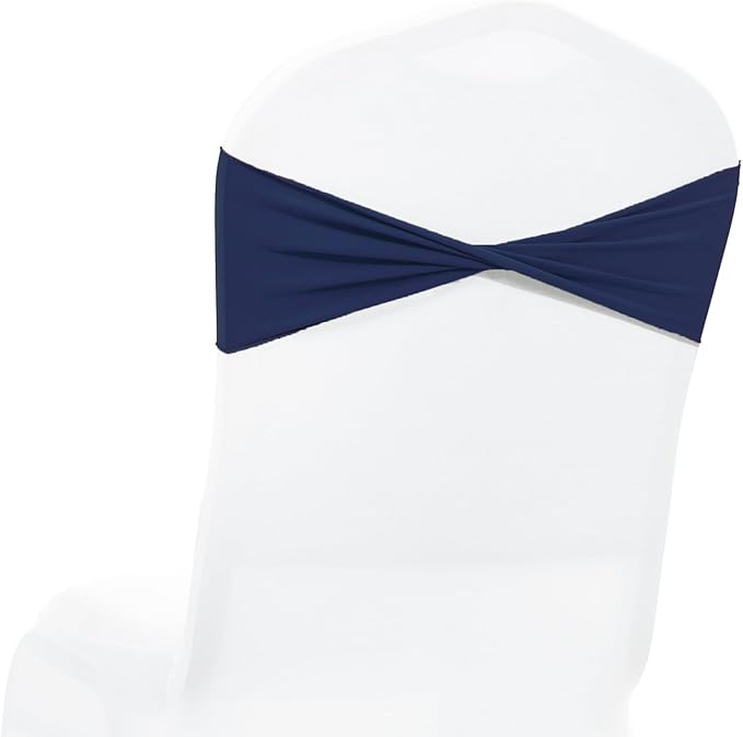 MDS Pack of 100 Spandex Chair Sashes Bows Elastic Stretch Dining Chair Bands Ties Without Slider Buckle Universal fits for Wedding Baby Shower Birthday Party Banquet Event Decoration - Navy Blue