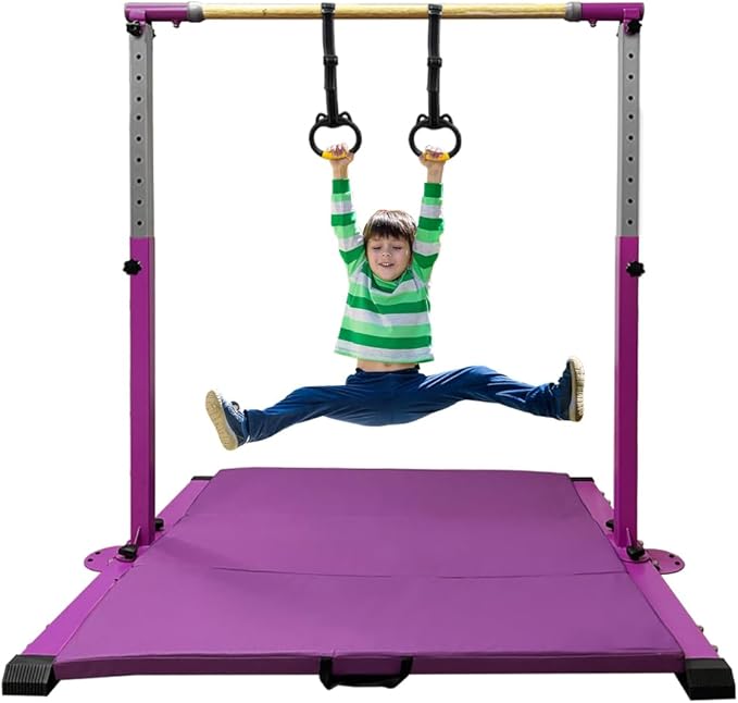 Gymnastics Bar for Kids Girls Ages 3-15 with Ring for Home Indoor Training Equipment- Steady Steel Construction, Anti-Slip, Easy to Assemble, 3' to 5' Adjustable Height
