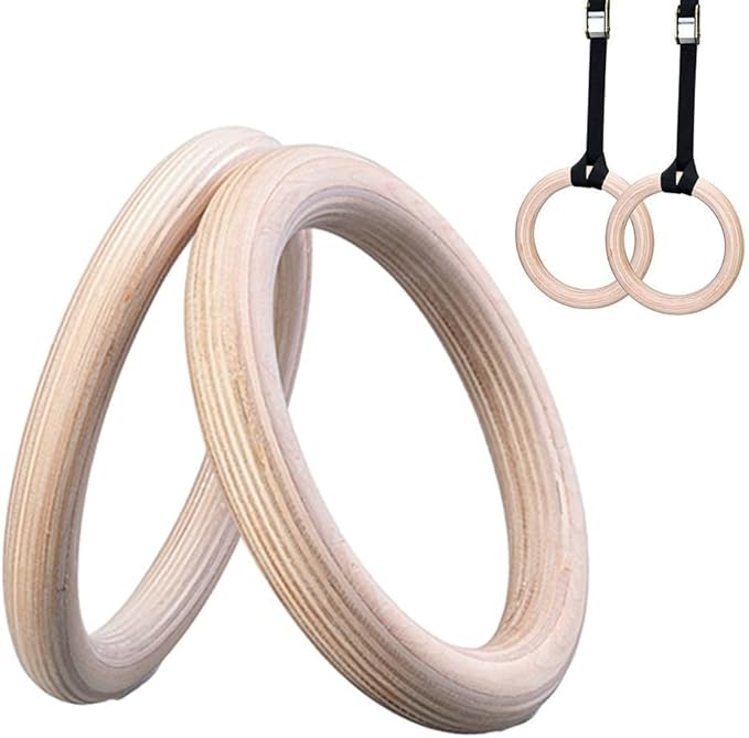 Wood Gymnastics Rings Set, Solid Birch Wooden Fitness Rings for Kids and Adults, Non‑Slip Grip for Home Workout and Pull Up, 2 Pack(25mm 19cm)