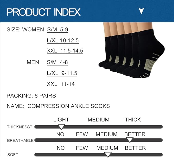 Copper Compression Socks Women and Men 6 Pairs - Circulation Arch Support Plantar Fasciitis Running Ankle Socks
