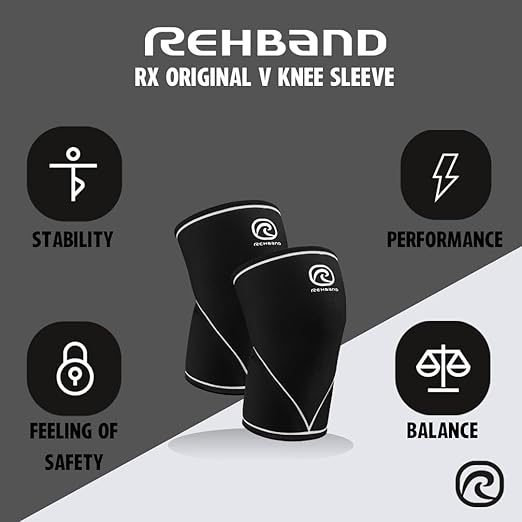 Rehband 7051 Classic 7mm V-Knee-Sleeve for Weightlifting, Competition Grade Powerlifting Knee Sleeve, Compression Sleeve for Crossfit, Squats, Gym, Colour:Black - 1 Pair, Size:Medium
