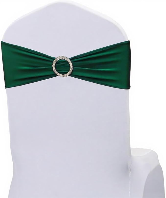 Stretch Spandex Hunter Green Chair Sashes Bows 50 Pack - Universal Chair Bands with Silver Buckle for Wedding Party Engagement Banquets Bridal Shower Events Decorations