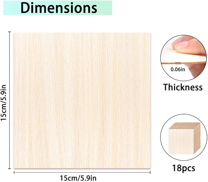 DIYDEC 18 Pack Basswood Sheets 6X 6 x 1/16 Inch Thin Plywood Sheets Unfinished Wood Squares Boards Balsa Wood Sheet for Crafts Architectural Models Laser Cutting Wood Burning and Drawing
