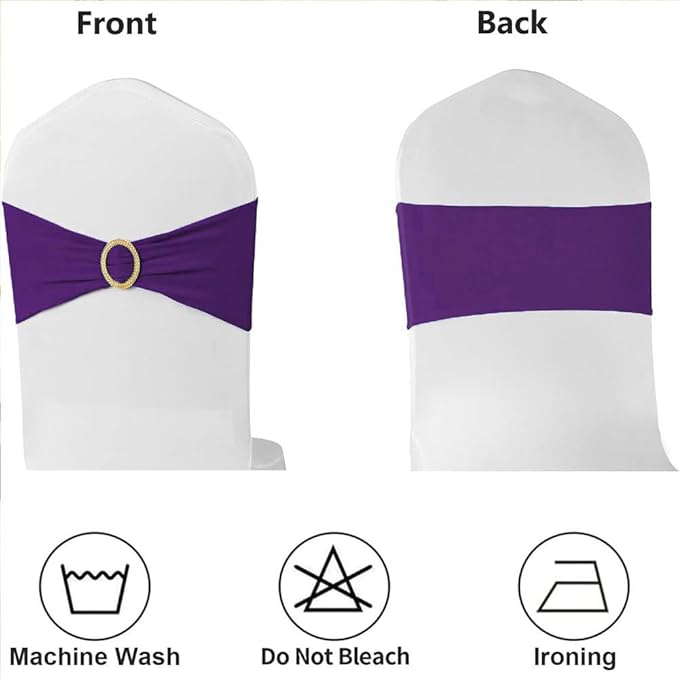 Purple Chair Sashes 50 Pack with Gold Buckle Slider, Spandex Chair Bows Bands for Folding Chairs Wedding Party Birthday Décor