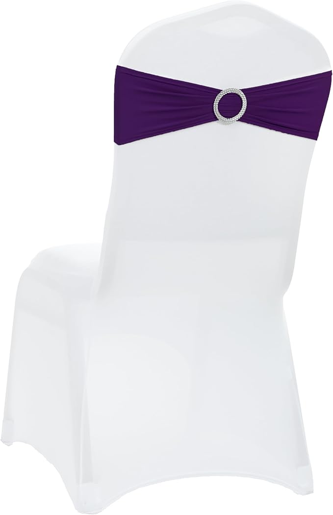 VDS - Purple | Spandex Chair Sashes Bows | 125 PCS | Stretch Elastic Banquet Universal Folding Chair Band Tie with Silver Buckle Slider for Wedding Party Conference Celebration Event Decoration