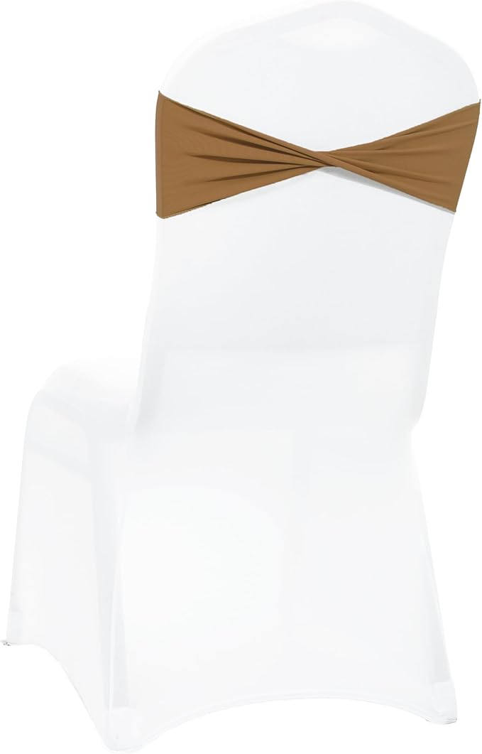 MDS Pack of 100 Spandex Chair Sashes Bows Elastic Stretch Dining Chair Bands Ties Without Slider Buckle Universal fits for Wedding Baby Shower Birthday Party Banquet Event Decoration - Mocha