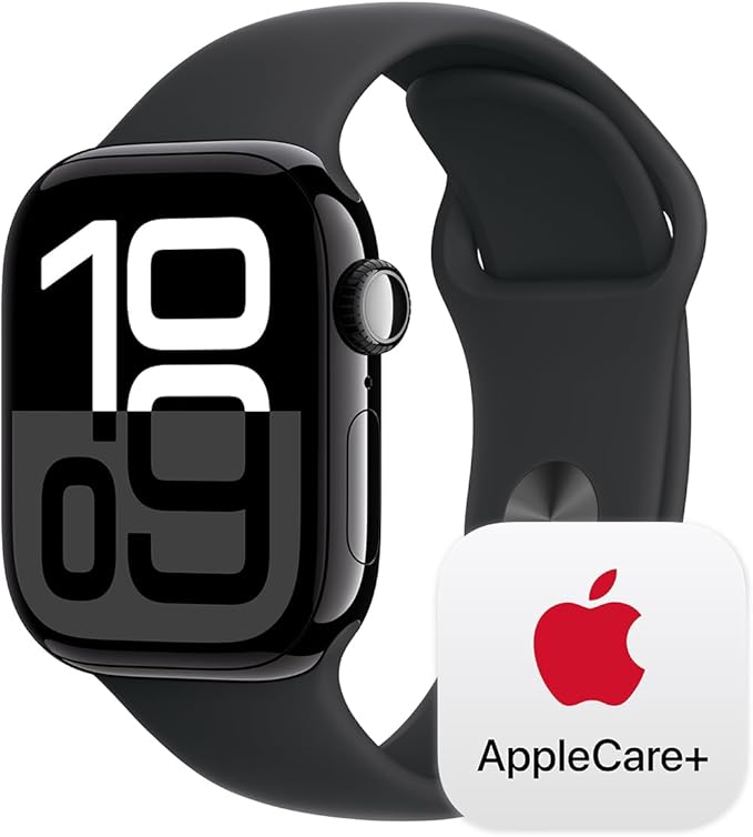 Apple Watch Series 10 [GPS 42mm] with Jet Black Aluminium Case with Black Sport Band - S/M. Fitness Tracker, ECG App, Always-On Retina Display, Water Resistant with AppleCare+ (2-years)