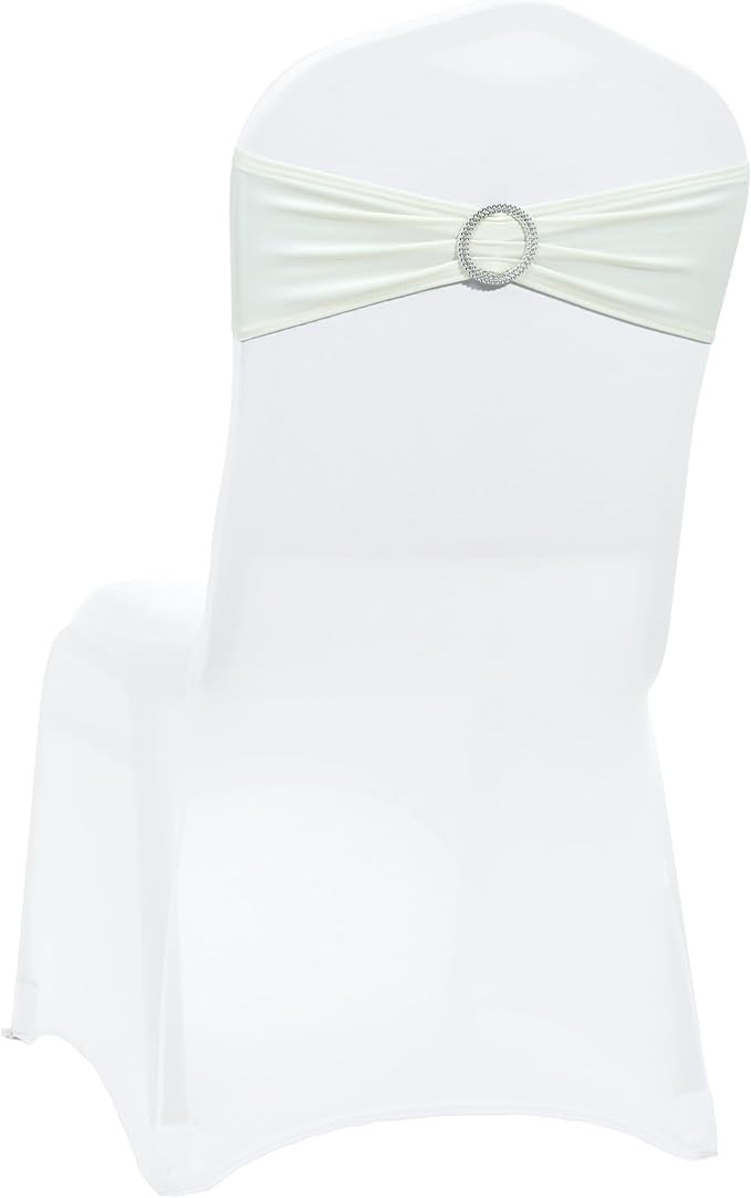 VDS - Ivory | Spandex Chair Sashes Bows | 150 PCS | Stretch Elastic Banquet Universal Folding Chair Band Tie with Silver Buckle Slider for Wedding Party Conference Celebration Event Decoration