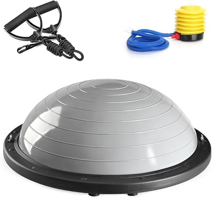 Half Balance Ball Trainer, Half Yoga Exercise Ball with Resistance Bands and Foot Pump, Balance Trainer for Stability Training, Strength Exercise Fitness, Home Gym Workout Equipment
