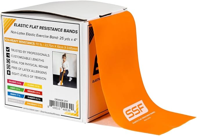 Serious Steel Fitness Flat Resistance Bands for Upper and Lower Body Strength Training and Exercise. (Non-Latex Flat Physical Therapy Exercise Bands - 4" x 25 Yards or 4" x 5 Feet)