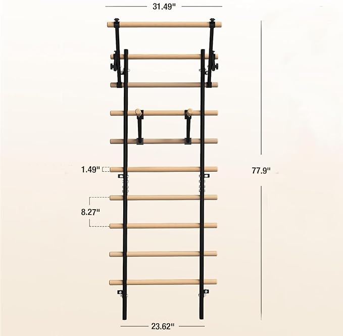 GMWD Swedish Ladder, Stall Bar, Suspension Trainer with Pull-Up Bar and Dip Bar Attachments, Wooden Stall Bar with 9 Strategic Rods for Core Strengthening and Stretching Balanced for Body Exercises