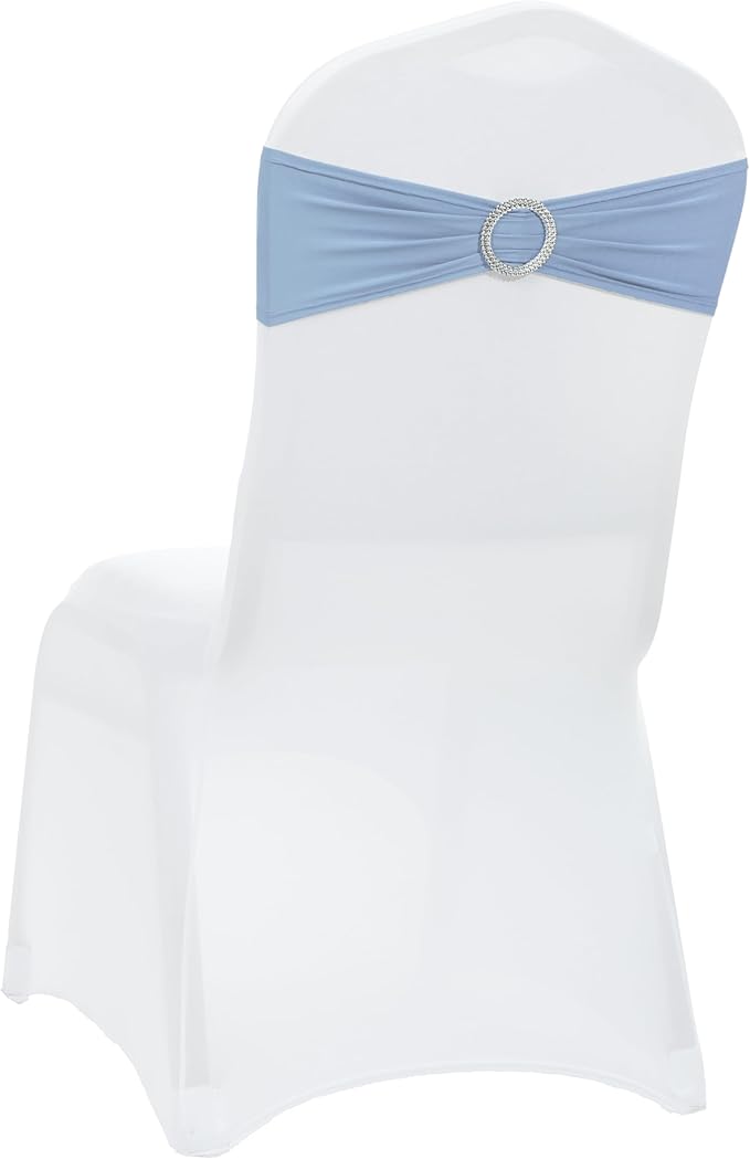 VDS - Baby Blue | Spandex Chair Sashes Bows | 150 PCS | Stretch Elastic Banquet Universal Folding Chair Band Tie with Silver Buckle Slider for Wedding Party Conference Celebration Event Decoration