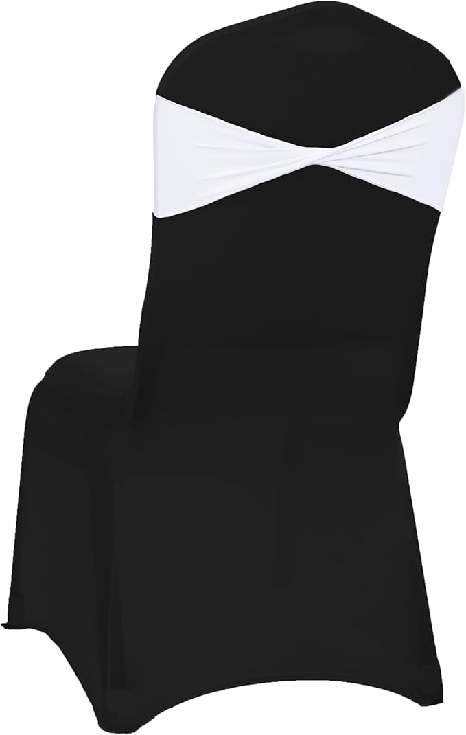 MDS Pack of 125 Spandex Chair Sashes Bows Elastic Stretch Dining Chair Bands Ties Without Slider Buckle Universal fits for Wedding Baby Shower Birthday Party Banquet Event Decoration - White