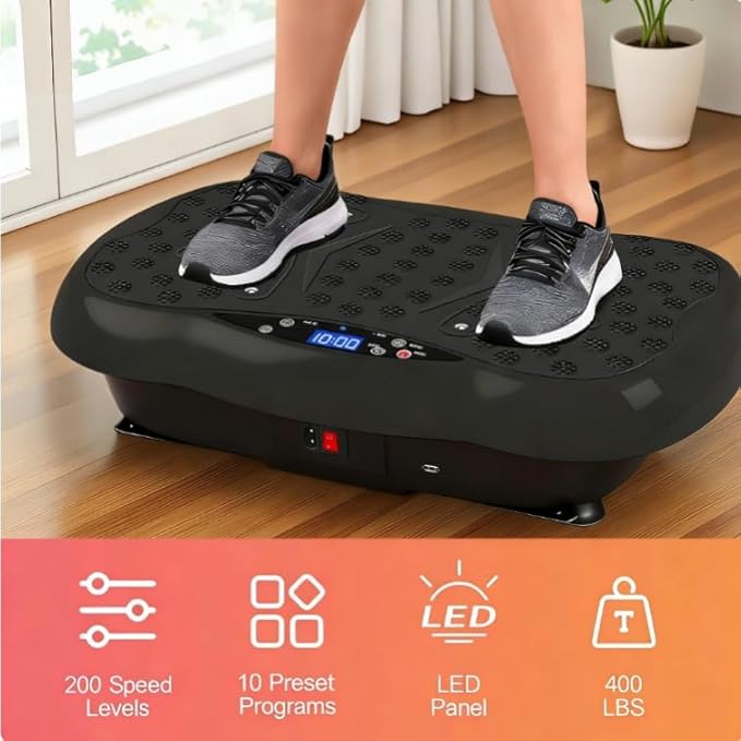 ALSO GO Vibration Plate Exercise Machine, 10 Preset Modes & 200-Level Vibration Platform for Weight Loss/Lymphatic Drainage, 400lbs Capacity Vibration Board with Resistance Bands for Full Body Workout