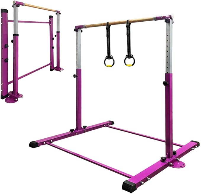 Gymnastics Bar for Kids Girls Ages 3-15 with Ring for Home Indoor Training Equipment- Steady Steel Construction, Anti-Slip, Easy to Assemble, 3' to 5' Adjustable Height