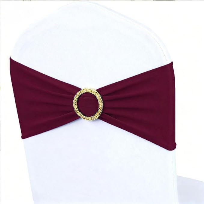 Burgundy Chair Sashes 50 Pack with Gold Buckle Slider, Spandex Wine Red Chair Bands Bows for Folding Chairs Wedding Party Banquet Décor