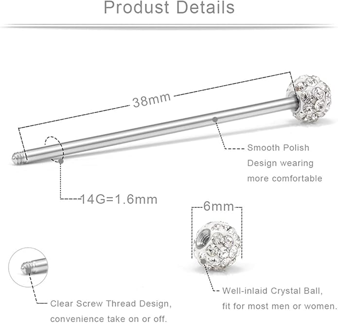 Incaton 14g Industrial Barbell Surgical Steel Cartilage Earrings CZ Industrial Earring Crystal Ferido Industrail Piercing 1 1/2"(38mm) Bar Length
