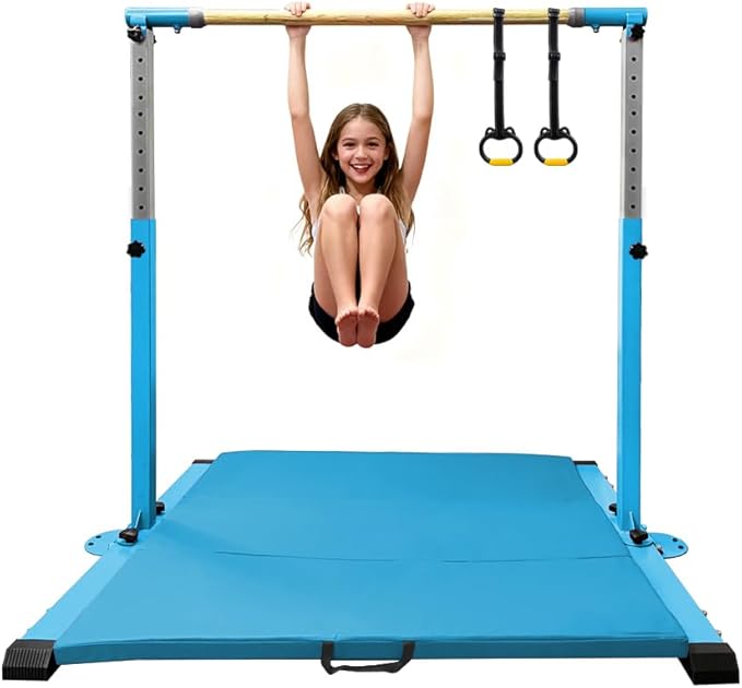 Gymnastics Bar for Kids Girls Ages 3-15 with Ring for Home Indoor Training Equipment- Steady Steel Construction, Anti-Slip, Easy to Assemble, 3' to 5' Adjustable Height