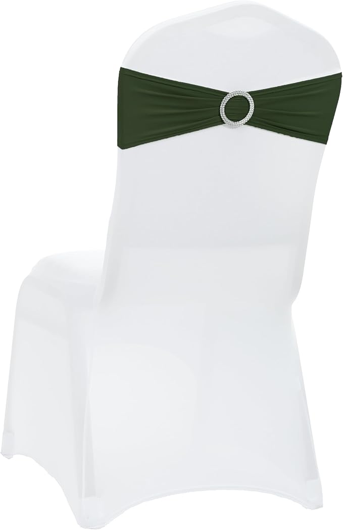 VDS - Olive | Spandex Chair Sashes Bows | 25 PCS | Stretch Elastic Banquet Universal Folding Chair Band Tie with Silver Buckle Slider for Wedding Party Conference Celebration Event Decoration