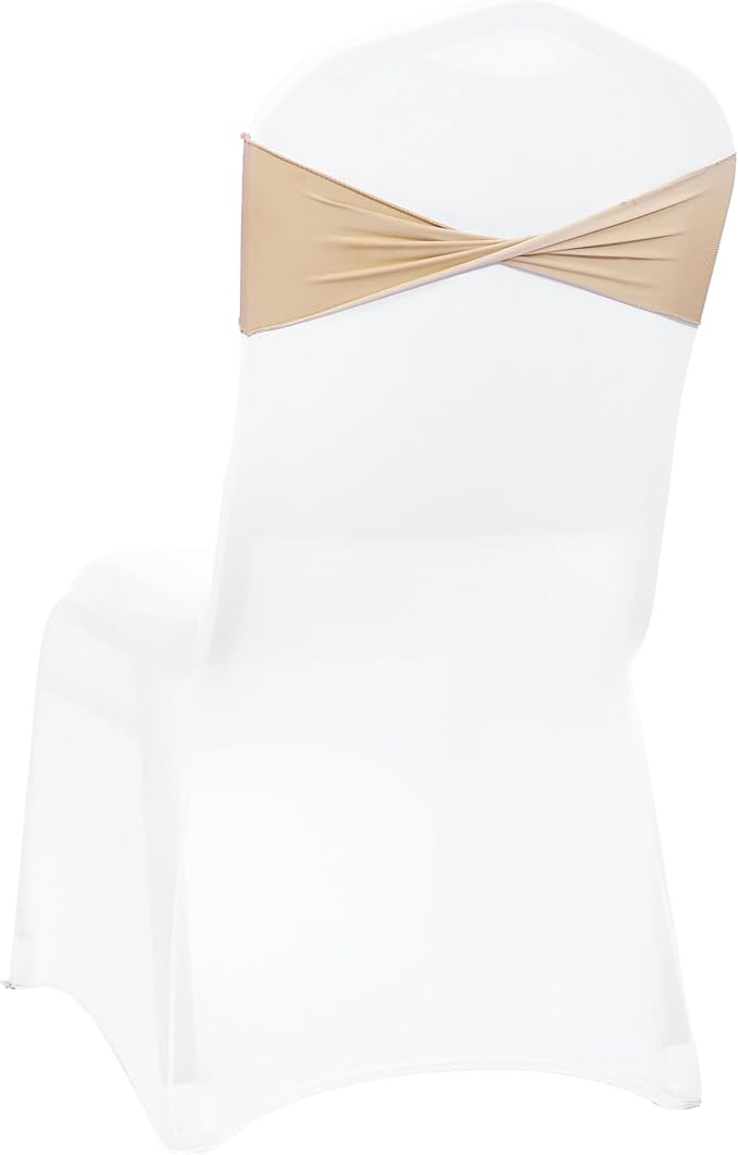 MDS Pack of 150 Spandex Chair Sashes Bows Elastic Stretch Dining Chair Bands Ties Without Slider Buckle Universal fits for Wedding Baby Shower Birthday Party Banquet Event Decoration - Champagne Gold