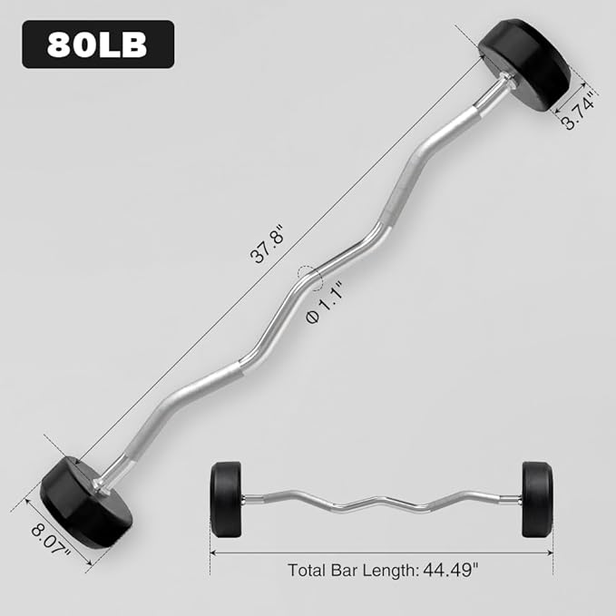 Rubber Coated Fixed Barbell, Pre-Loaded Weights EZ Curl Solid Steel Barbells, Weighted Bar for Weightlifting Exercise, Bodybuilding, Strength Training, Squat Rack & Bench Press