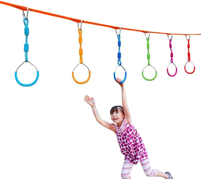 Ninja Warrior Obstacle Course Playset Ninja Ring Trapeze Swing Monkey Bar For Outdoor Indoor Jungle Gym, 4 Blue Monkey Rings Climb Fists Backyard Playground Training Equipment Gymnastic Fitness Fist