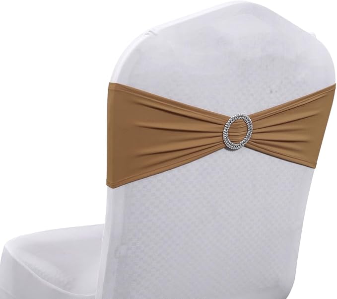 MDS Pack of 150 Spandex Chair Sashes Bows Universal fits Elastic Stretch Chair Bands Ties with Buckle Slider Bow for Wedding Decoration Spandex Slider Sashes Bow - Mocha