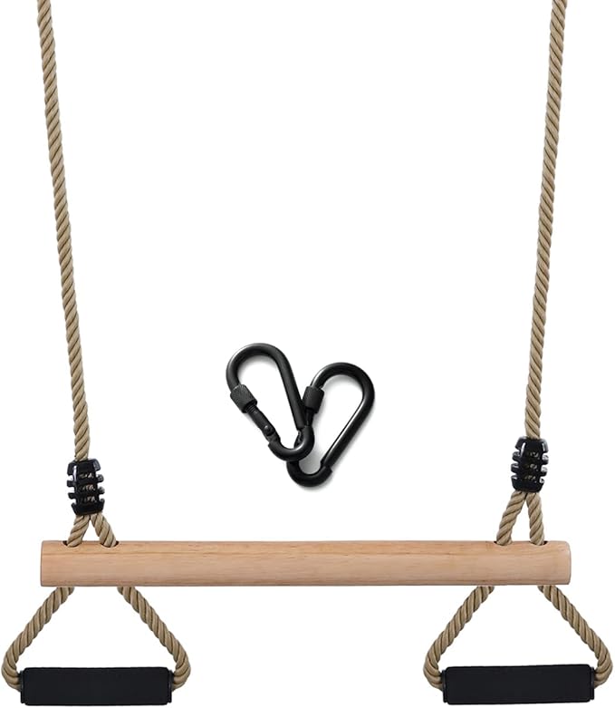Wooden Trapeze Swing Bar with Gym Rings for Children's Swing Set Indoor Outdoor Garden,Yard,Playground